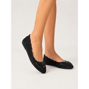 Tory Burch Reva Black Suede Embellished Crystal Logo Ballet Flats Shoes 6.5